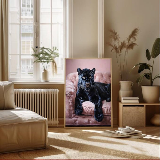 Black Panther on Pink Sofa Art Print: Modern Jungle Home Decor (Digital Download)