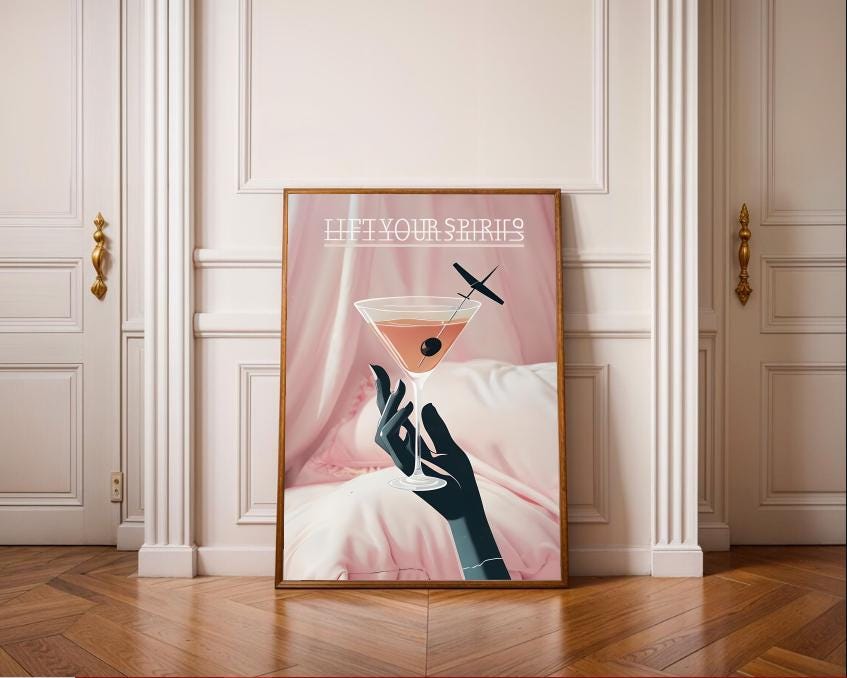 Lift Your Spirits Cocktail Wall Art – Glamorous Martini Print, Pink Aesthetic Bar Décor, Modern Feminine Art for Bedroom or Lounge, Dopamine