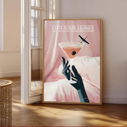 Lift Your Spirits Cocktail Wall Art – Glamorous Martini Print, Pink Aesthetic Bar Décor, Modern Feminine Art for Bedroom or Lounge, Dopamine