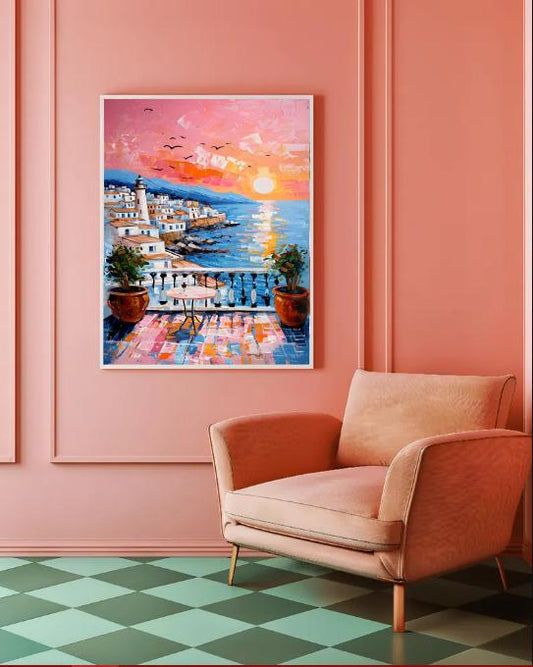 Mediterranean Sunset Print: Coastal Balcony, Lighthouse View (Digital Download)