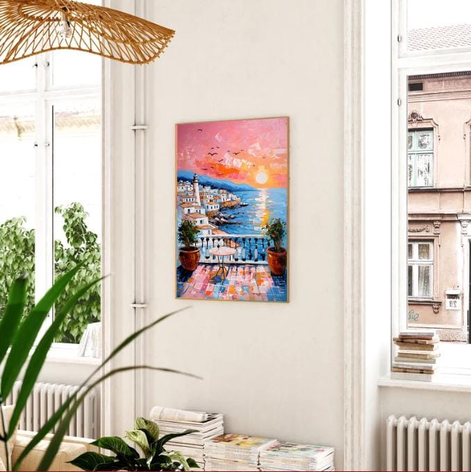 Mediterranean Sunset Print: Coastal Balcony, Lighthouse View (Digital Download)