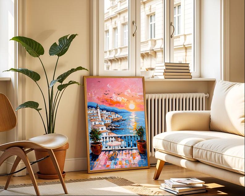 Mediterranean Sunset Print: Coastal Balcony, Lighthouse View (Digital Download)