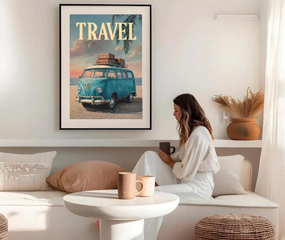 Retro Van Beach Print: Boho Road Trip, Coastal Sunset (Digital Download)