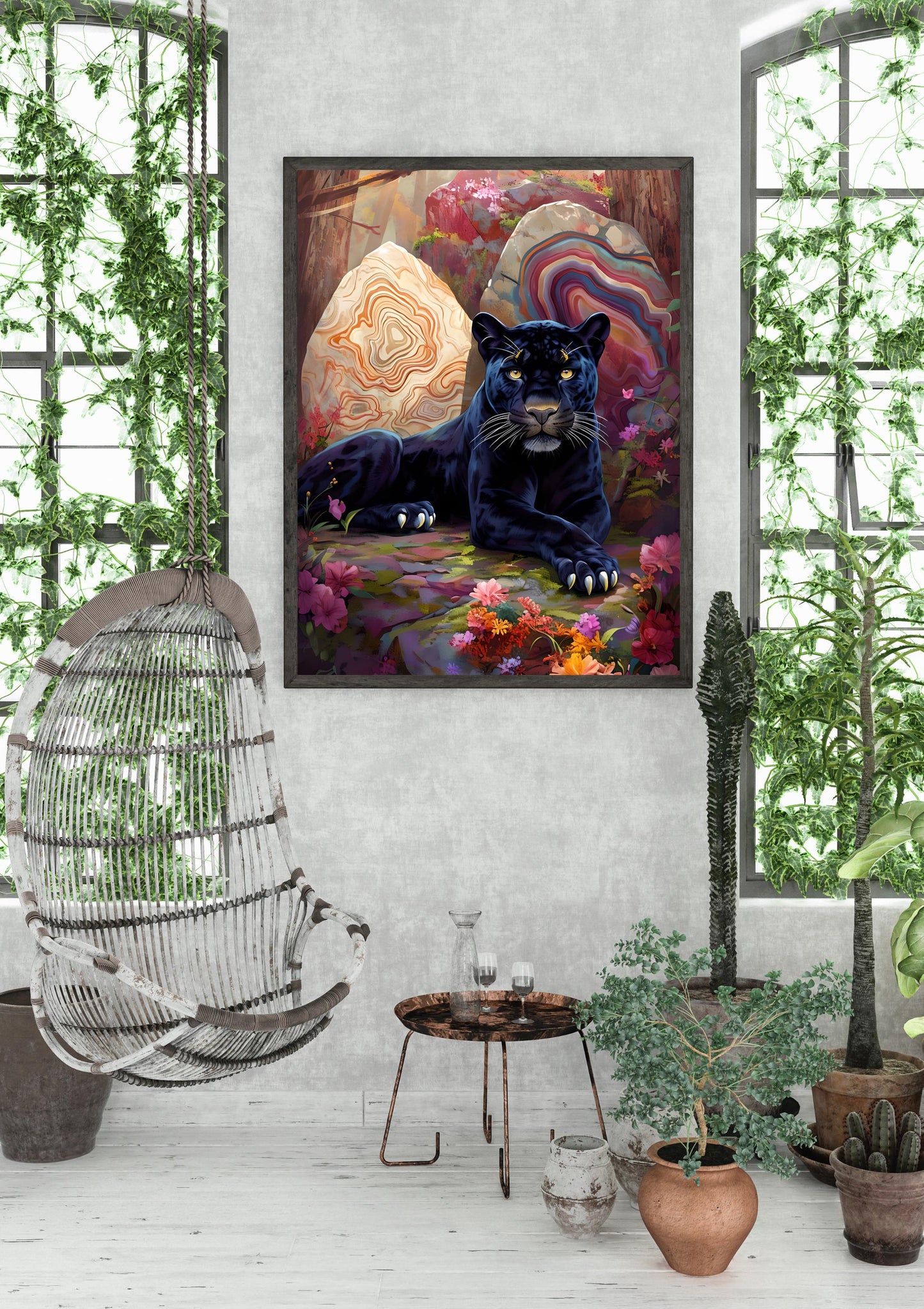 Black Panther Jungle Art Print: Mystical Cat with Crystals (Digital Download)
