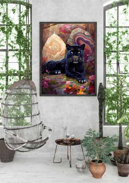 Black Panther Jungle Art Print: Mystical Cat with Crystals (Digital Download)