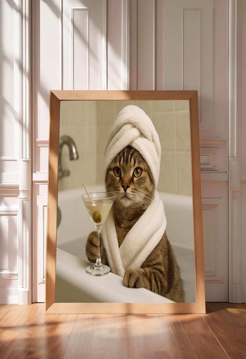 Funny Cat Martini Print: Quirky Bathroom Wall Art (Digital Download))