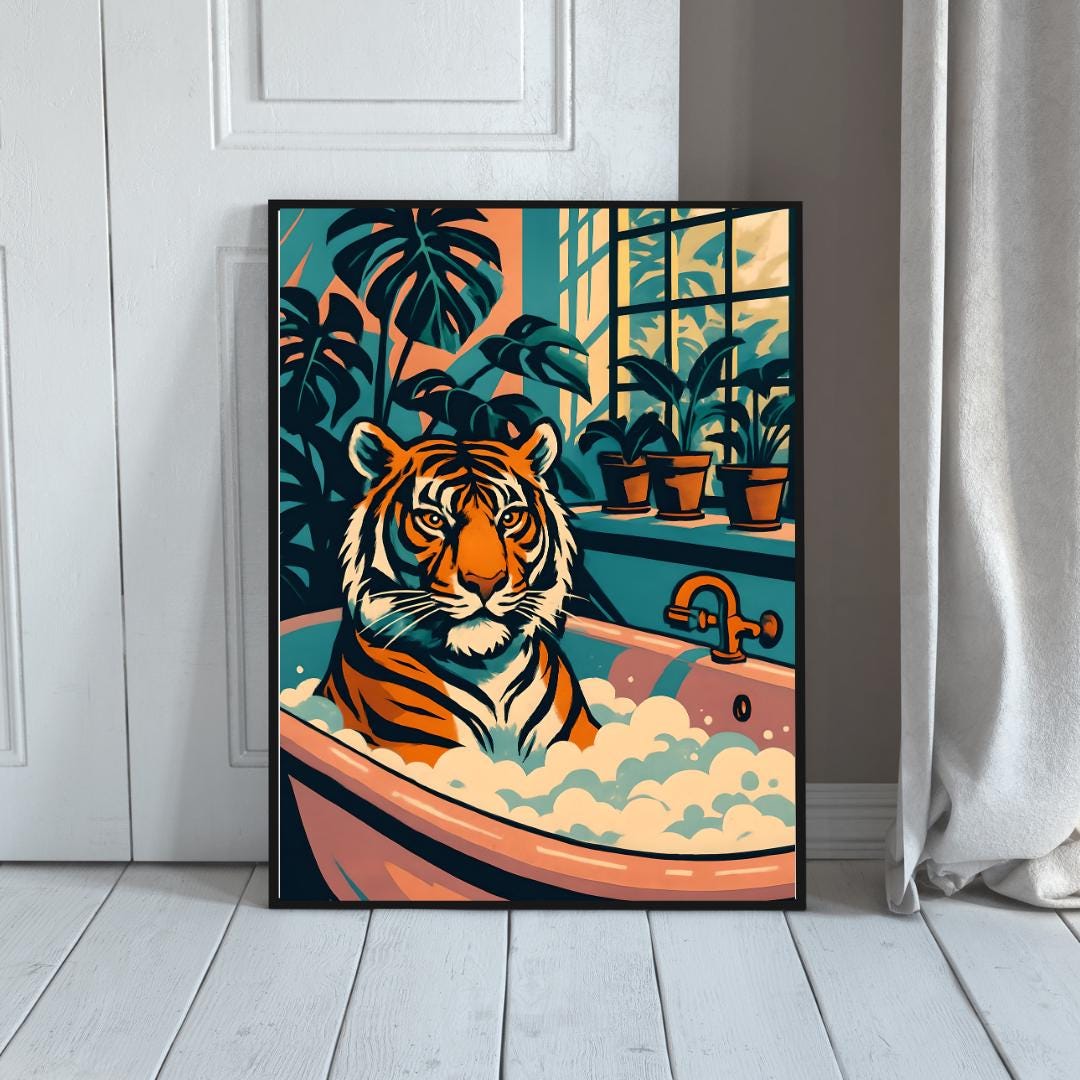 Funny Tiger in Bathtub Print: Retro Whimsical Bathroom Art (Digital Download)