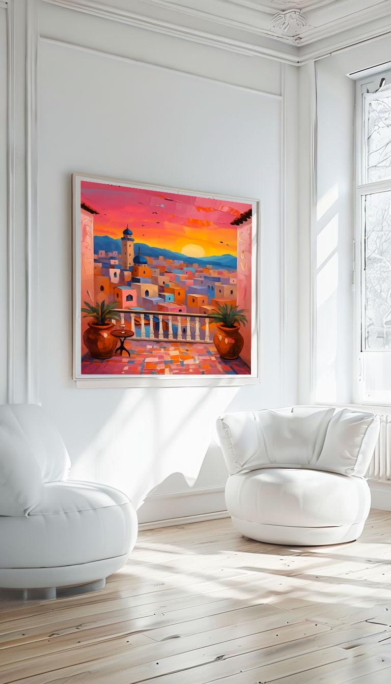 Moroccan Sunset Balcony View Print: Boho Mediterranean Wall Art (Digital Download)
