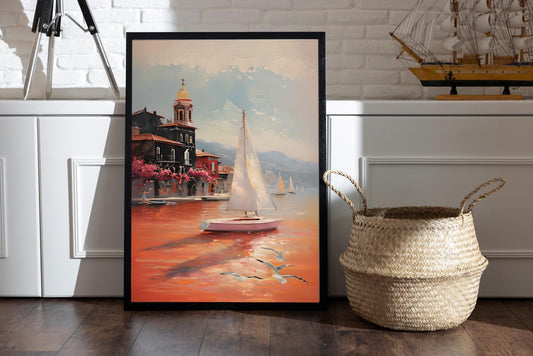 Sailing Sunset Coastal Print: Mediterranean Boat Landscape (Digital Download