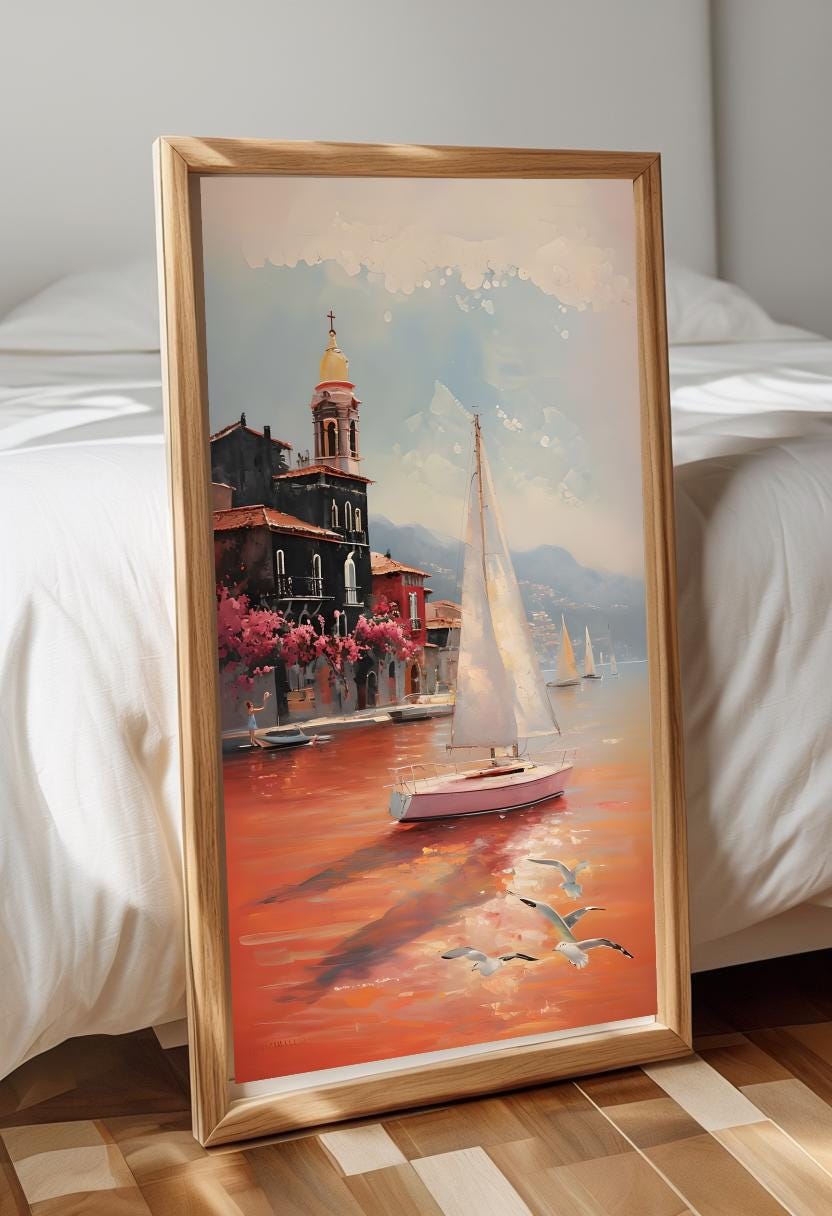 Sailing Sunset Coastal Print: Mediterranean Boat Landscape (Digital Download