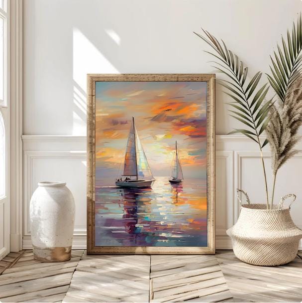 Abstract Sailboat Sunset Print: Modern Coastal Wall Art (Digital Download)