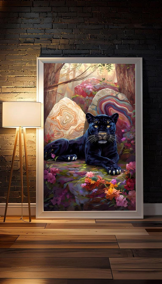 Black Panther Jungle Art Print: Mystical Cat with Crystals (Digital Download)