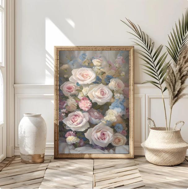 Blush Pink Rose Bouquet Print: Shabby Chic Floral Wall Art (Digital Download)