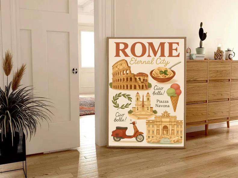 Vintage Rome Travel Poster: Italian Landmarks Art Print (Digital Download