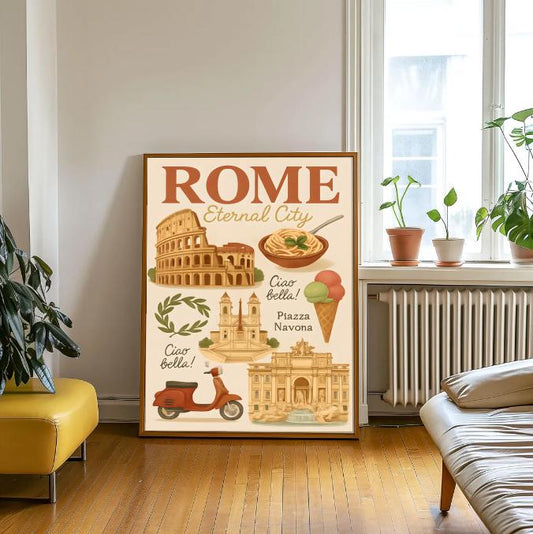 Vintage Rome Travel Poster: Italian Landmarks Art Print (Digital Download