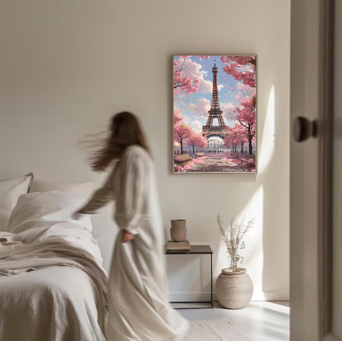 Eiffel Tower Cherry Blossom Print: Vintage Paris Wall Art (Digital Download)