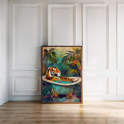 Funny Tiger in Bathtub Jungle Print: Boho Bathroom Art (Digital Download