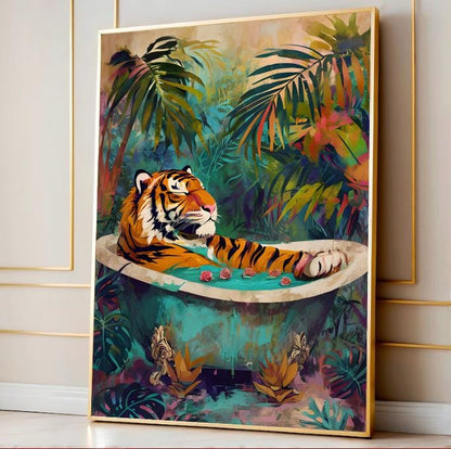 Funny Tiger in Bathtub Jungle Print: Boho Bathroom Art (Digital Download