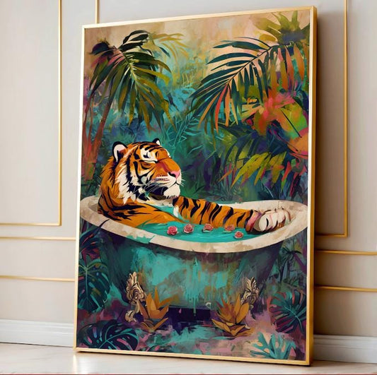 Funny Tiger in Bathtub Jungle Print: Boho Bathroom Art (Digital Download