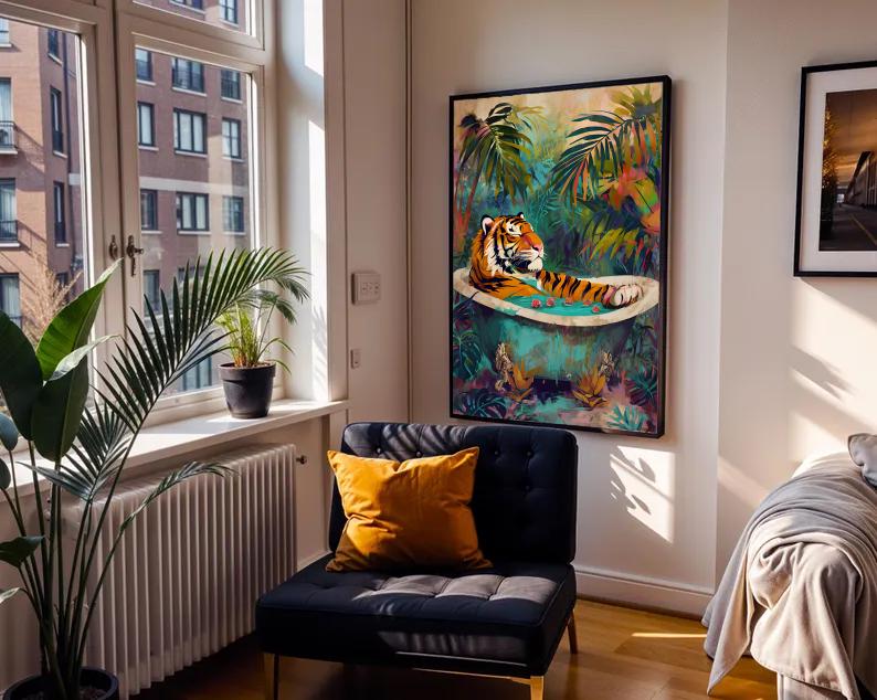 Funny Tiger in Bathtub Jungle Print: Boho Bathroom Art (Digital Download