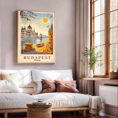 Vintage Budapest Travel Poster: Hungarian Parliament & Chain Bridge (Digital Download)