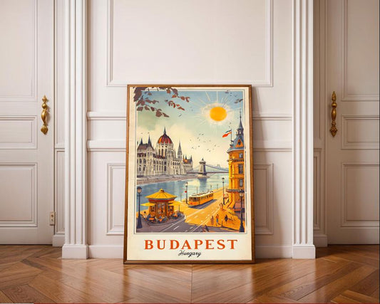 Vintage Budapest Travel Poster: Hungarian Parliament & Chain Bridge (Digital Download)
