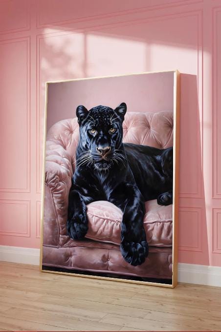 Black Panther on Pink Sofa Art Print: Modern Jungle Home Decor (Digital Download)