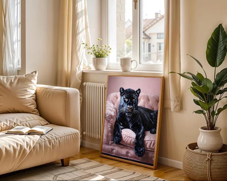 Black Panther on Pink Sofa Art Print: Modern Jungle Home Decor (Digital Download)