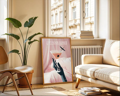 Lift Your Spirits Cocktail Wall Art – Glamorous Martini Print, Pink Aesthetic Bar Décor, Modern Feminine Art for Bedroom or Lounge, Dopamine