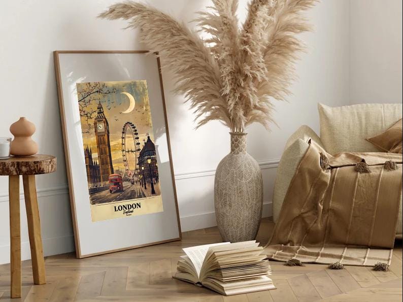 Vintage London Travel Poster: Big Ben, London Eye, Red Bus (Digital Download)