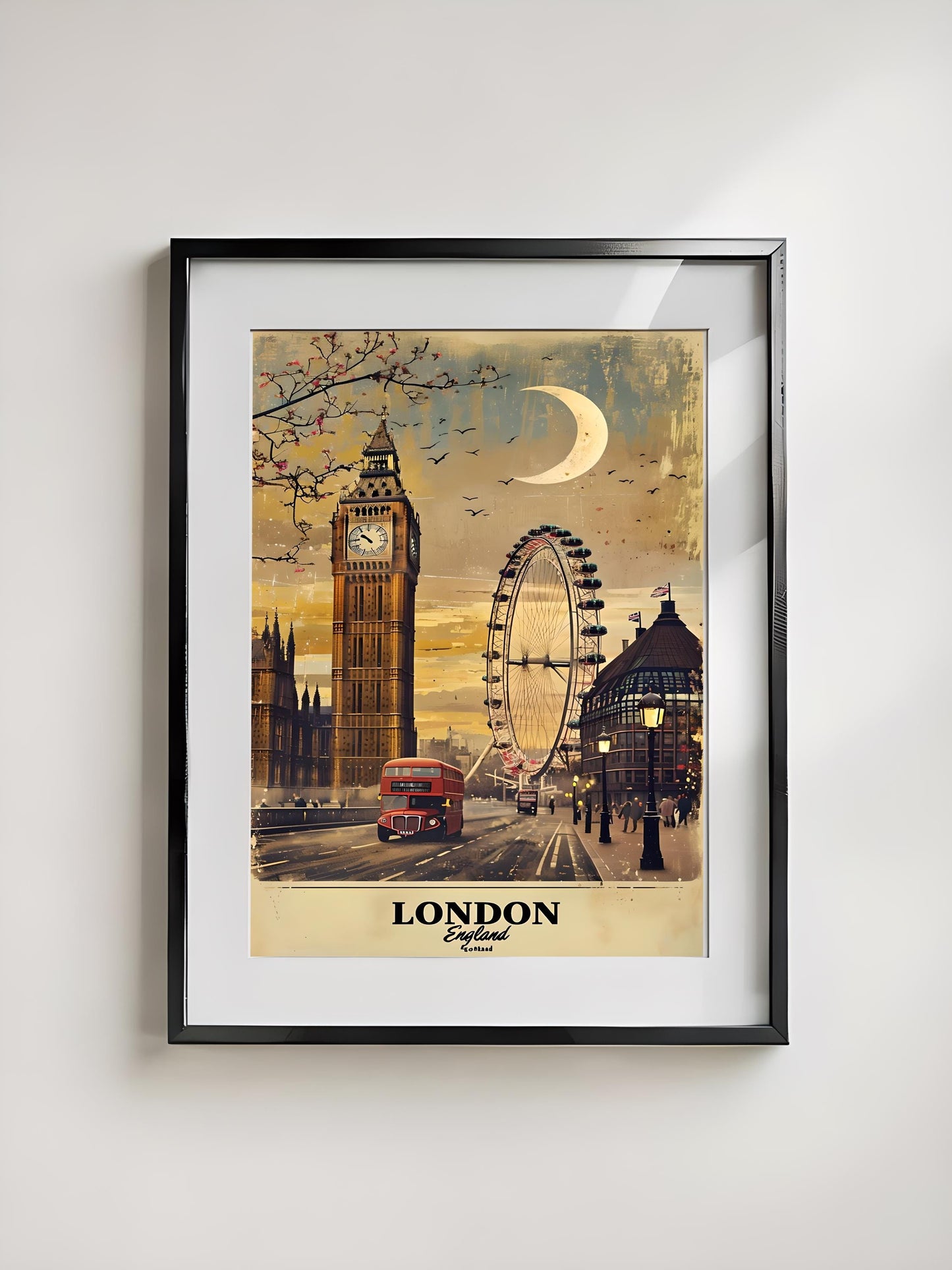 Vintage London Travel Poster: Big Ben, London Eye, Red Bus (Digital Download)