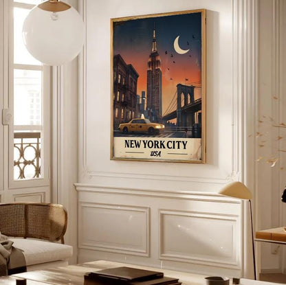 Vintage NYC Travel Poster: Empire State Building, Brooklyn Bridge (Digital Download)