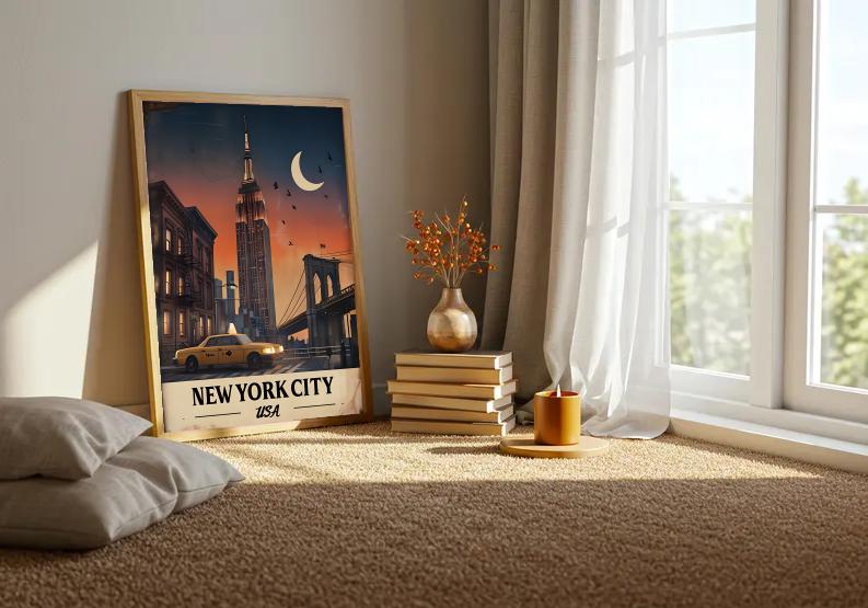 Vintage NYC Travel Poster: Empire State Building, Brooklyn Bridge (Digital Download)