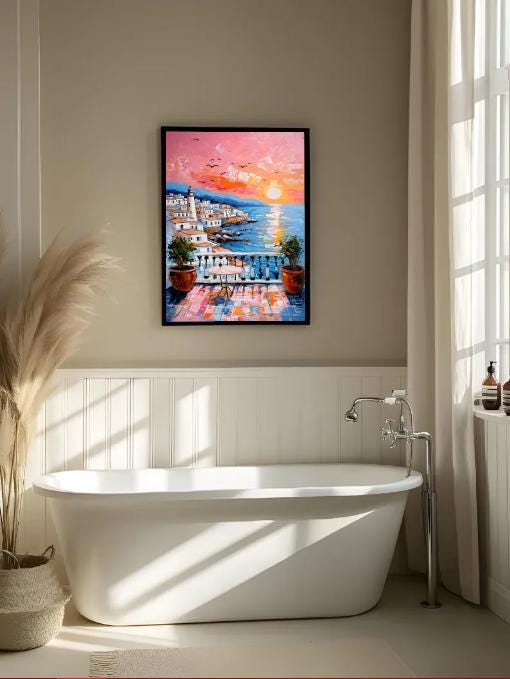 Mediterranean Sunset Print: Coastal Balcony, Lighthouse View (Digital Download)