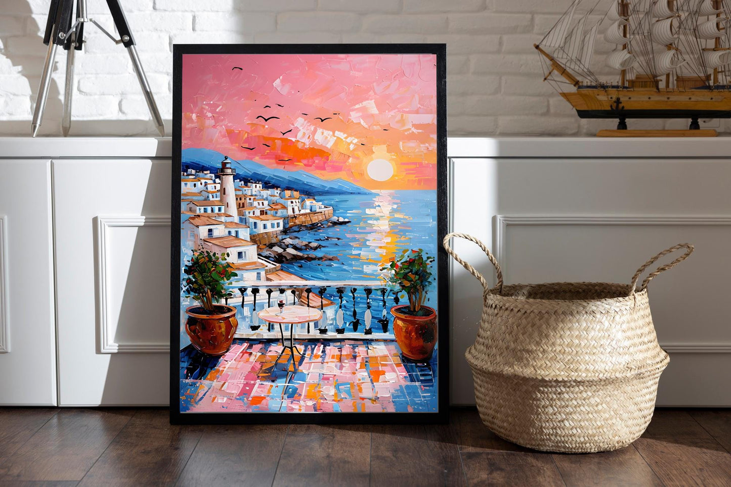 Mediterranean Sunset Print: Coastal Balcony, Lighthouse View (Digital Download)