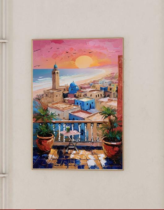 Agadir Sunset Print: Moroccan Coastal Balcony View, Boho Mediterranean Decor (Digital Download)