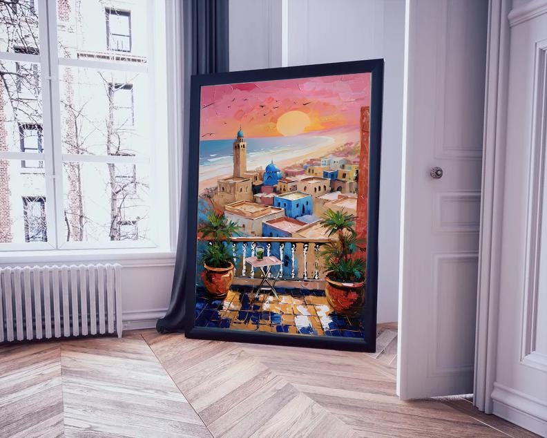 Agadir Sunset Print: Moroccan Coastal Balcony View, Boho Mediterranean Decor (Digital Download)