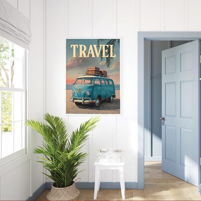 Retro Van Beach Print: Boho Road Trip, Coastal Sunset (Digital Download)