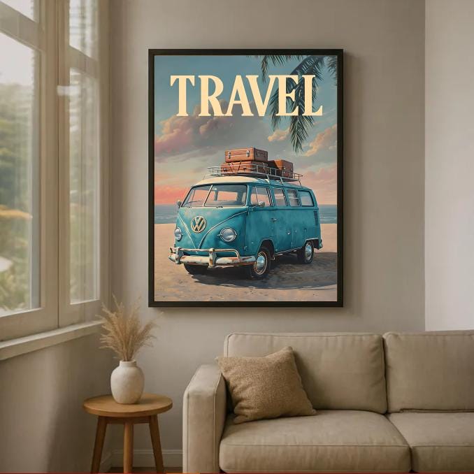 Retro Van Beach Print: Boho Road Trip, Coastal Sunset (Digital Download)
