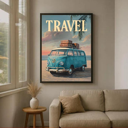 Retro Van Beach Print: Boho Road Trip, Coastal Sunset (Digital Download)