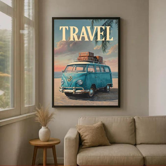 Retro Van Beach Print: Boho Road Trip, Coastal Sunset (Digital Download)