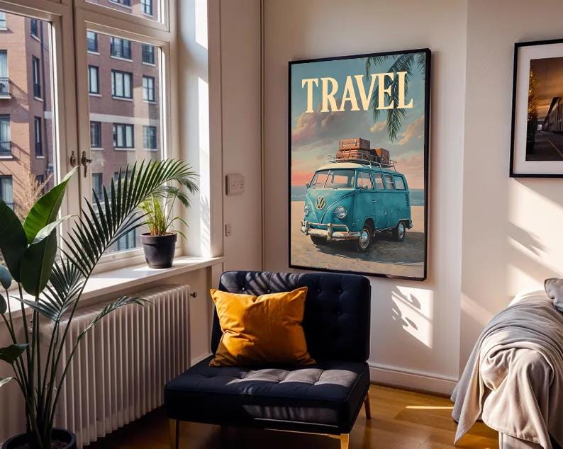 Retro Van Beach Print: Boho Road Trip, Coastal Sunset (Digital Download)