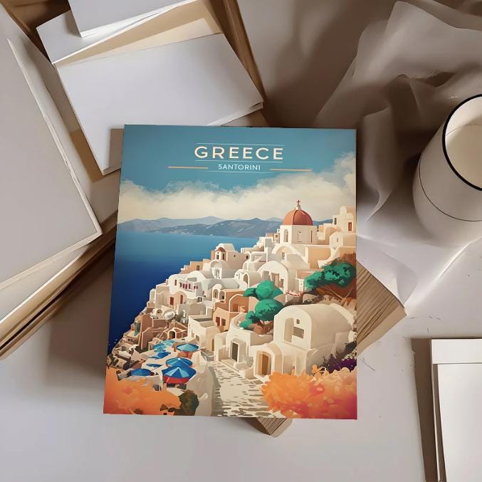 Santorini Greece Print: Whitewashed Architecture, Blue Dome Decor (Digital Download)