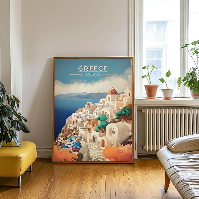 Santorini Greece Print: Whitewashed Architecture, Blue Dome Decor (Digital Download)