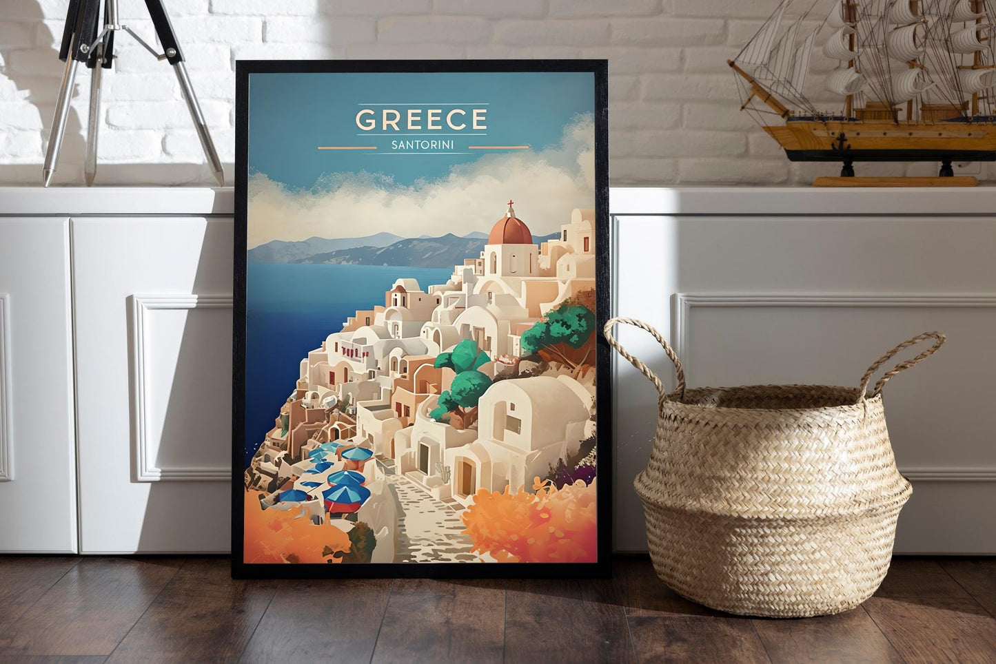 Santorini Greece Print: Whitewashed Architecture, Blue Dome Decor (Digital Download)