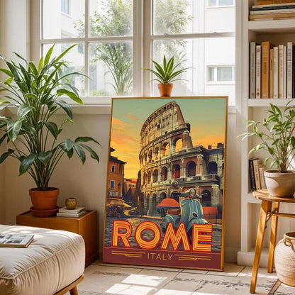 Vintage Rome Print: Colosseum & Vespa, Italian Travel Poster (Digital Download)