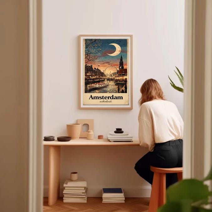 Vintage Amsterdam Travel Poster: Dutch Canal Cityscape Art Print (Digital Download)