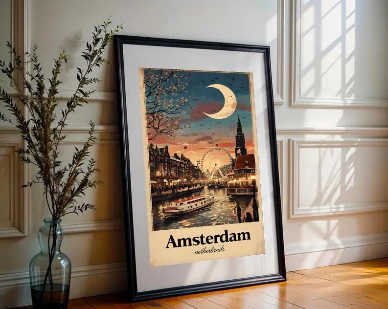 Vintage Amsterdam Travel Poster: Dutch Canal Cityscape Art Print (Digital Download)
