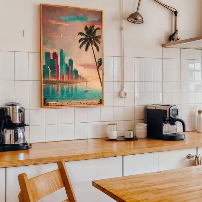 Miami Beach Print: Retro Tropical Skyline, Palm Tree Sunset (Digital Download)