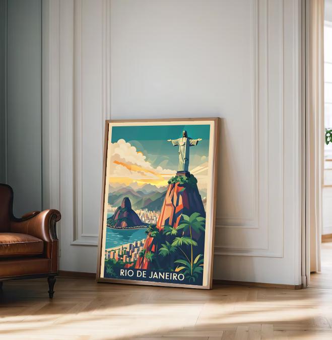 Rio de Janeiro Travel Poster: Christ the Redeemer, Brazil Skyline (Digital Download)